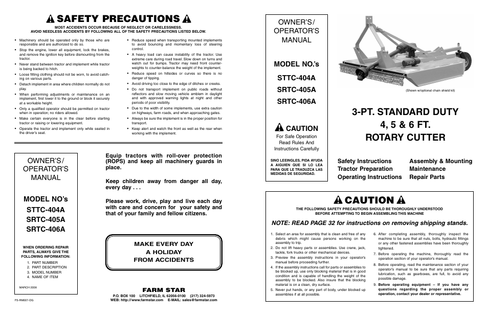 Pt. standard duty 4, 5 & 6 ft. rotary cutter, Safety precautions, Caution | Farm Star SRTC-406A User Manual | Page 44 / 44