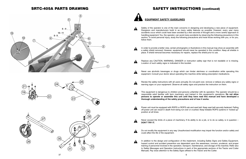 Safety instructions, Srtc-405a parts drawing, Continued) | Farm Star SRTC-406A User Manual | Page 7 / 44