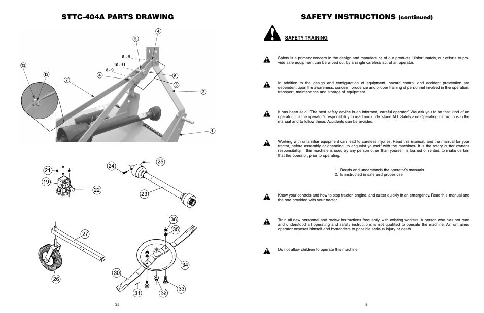 Safety instructions, Sttc-404a parts drawing, Continued) | Farm Star SRTC-406A User Manual | Page 9 / 44