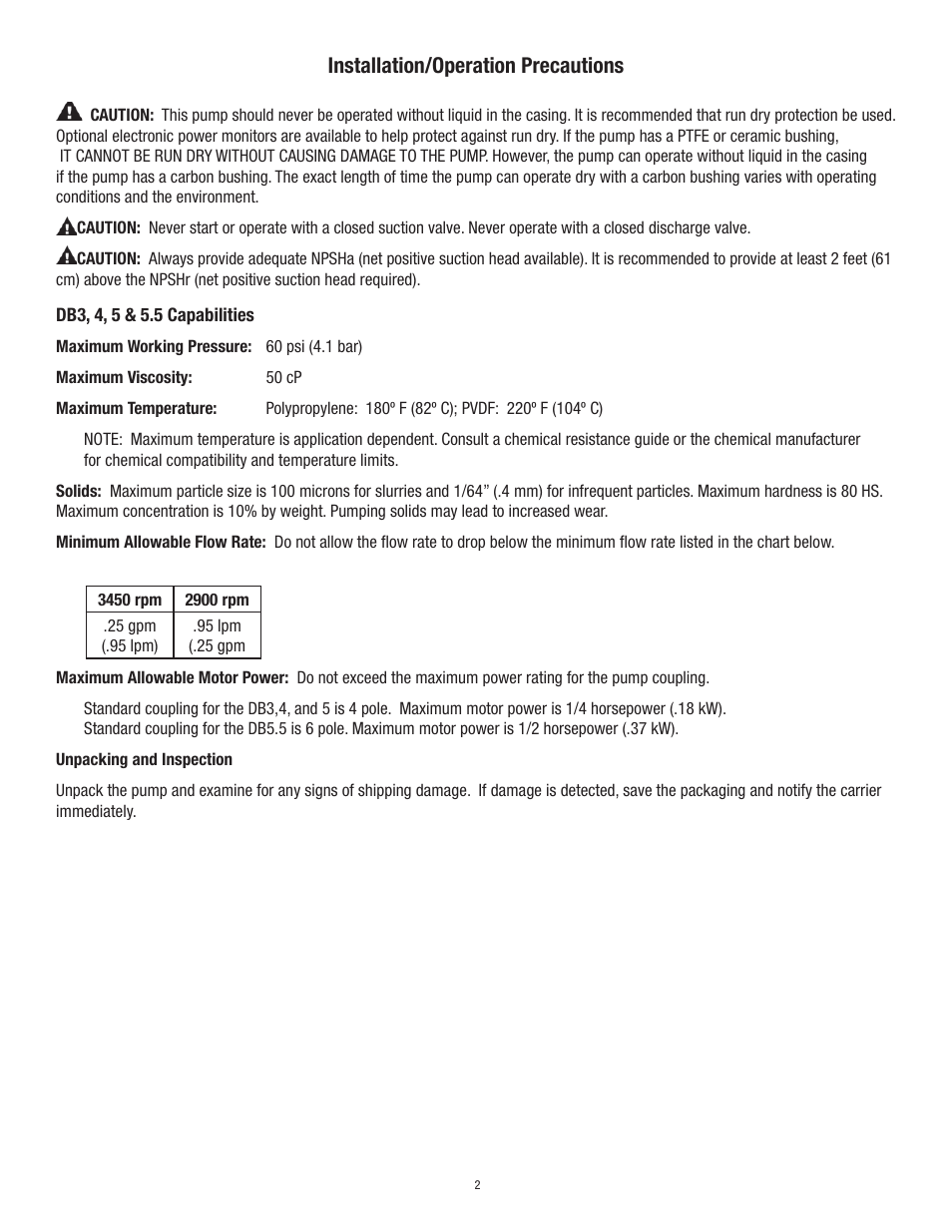 Installation/operation precautions | Finish Thompson DB3, 4, 5 & 5.5 Series User Manual | Page 5 / 15