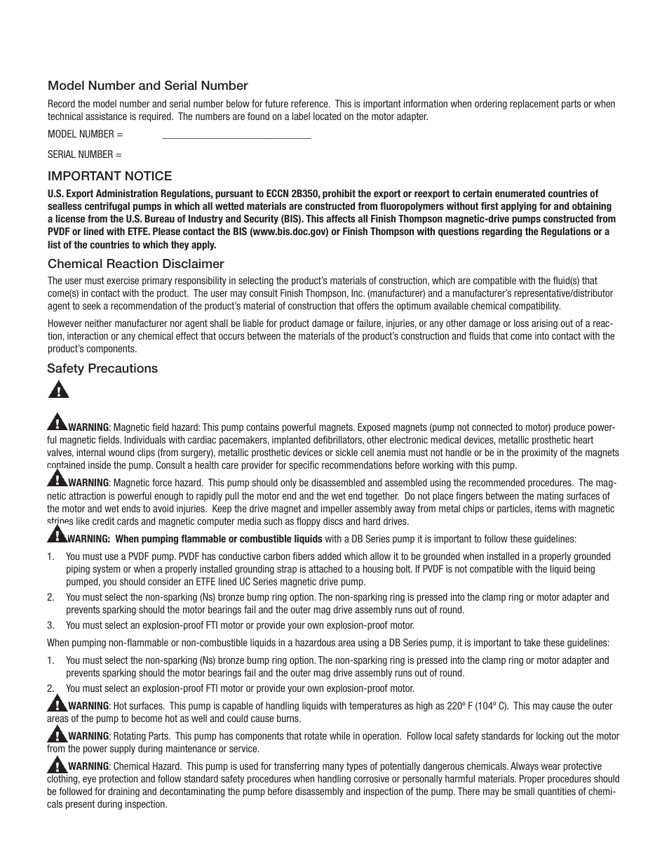 Important information - read me first | Finish Thompson DB6, 6H, 7, 8, 9, 10 Series User Manual | Page 4 / 16