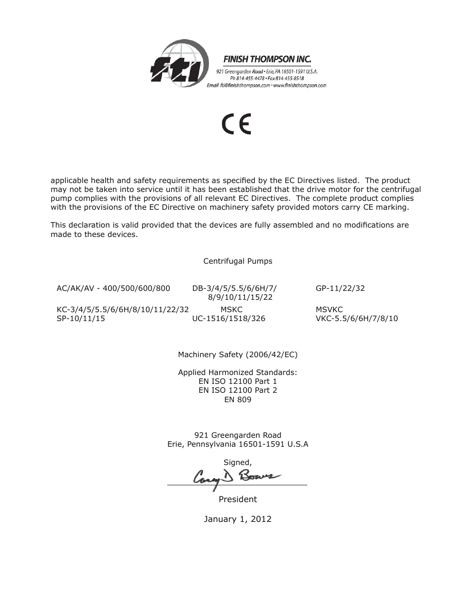 Eu declaration of conformity | Finish Thompson DB 11/15 Series User Manual | Page 2 / 19