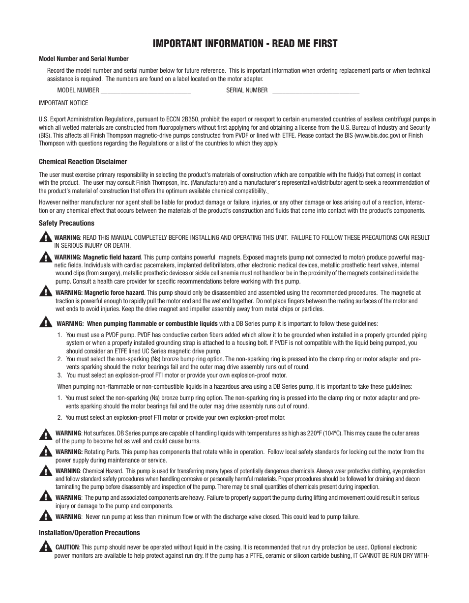 Important information - read me first | Finish Thompson DB 11/15 Series User Manual | Page 4 / 19