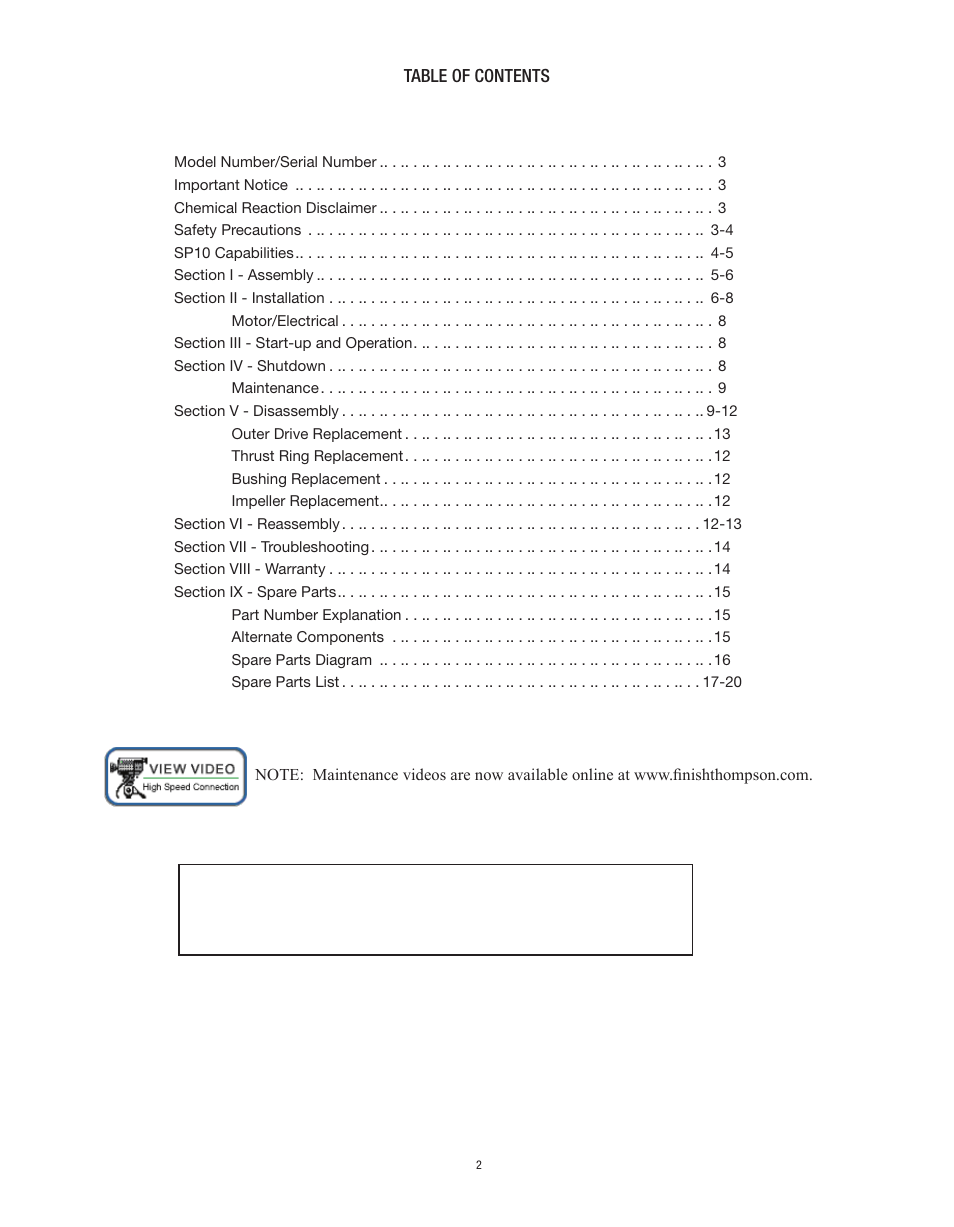 Finish Thompson SP10 SERIES SELF-PRIMING User Manual | Page 2 / 20