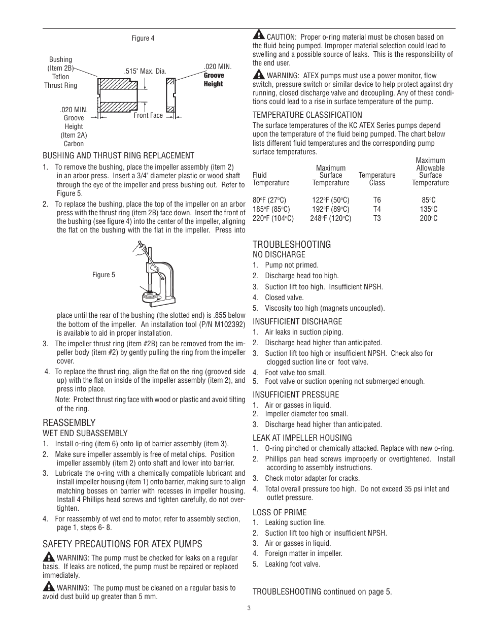 Safety precautions for atex pumps, Reassembly, Troubleshooting | Finish Thompson KC11 SERIES User Manual | Page 3 / 5