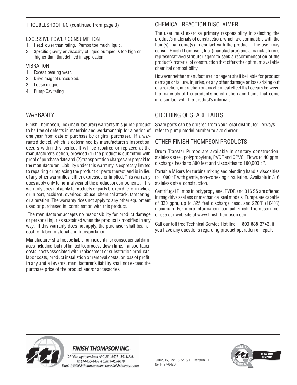 Warranty, Ordering of spare parts, Other finish thompson products | Chemical reaction disclaimer | Finish Thompson KC11 SERIES User Manual | Page 5 / 5