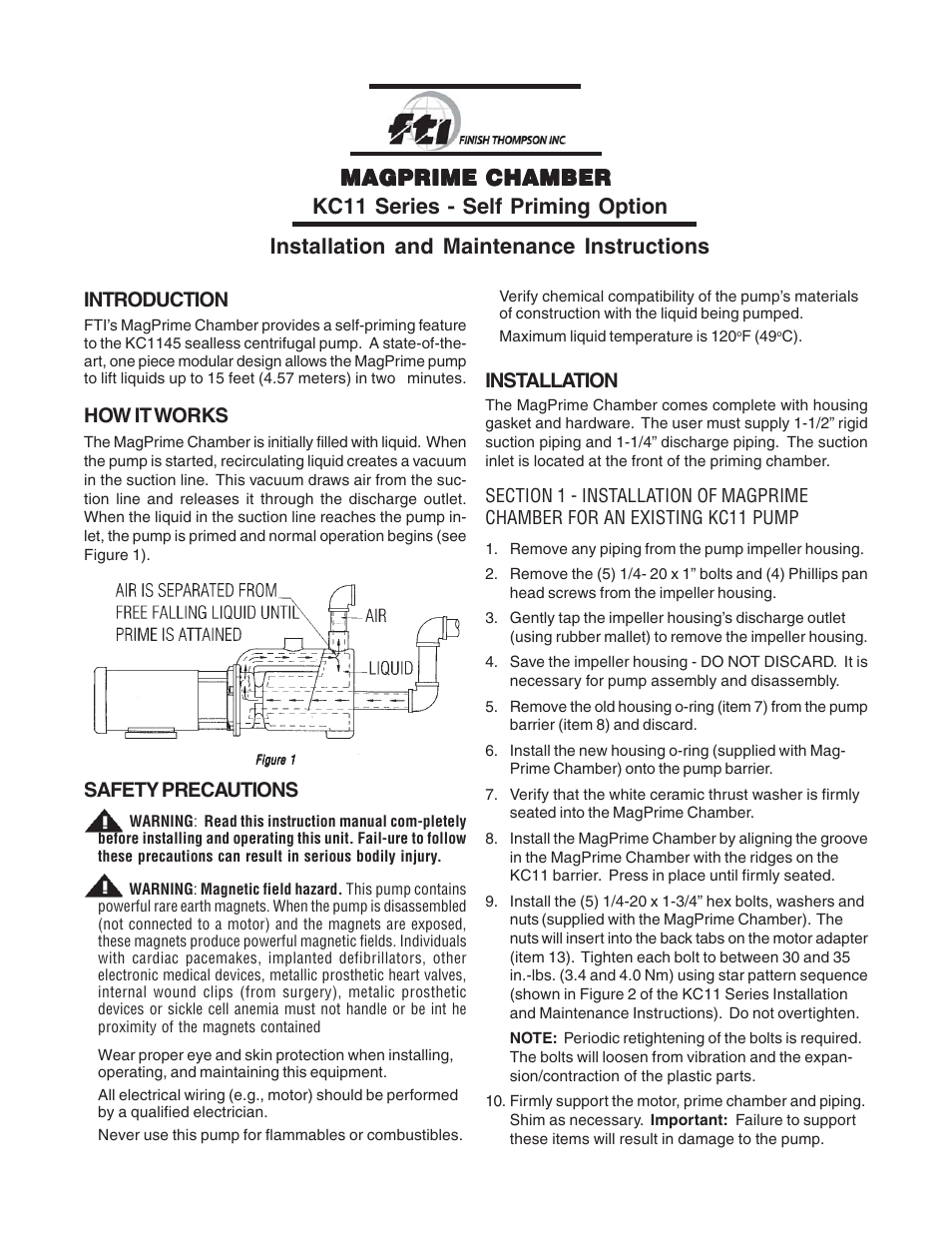 Finish Thompson KC11 Series - Self Priming Option User Manual | 4 pages
