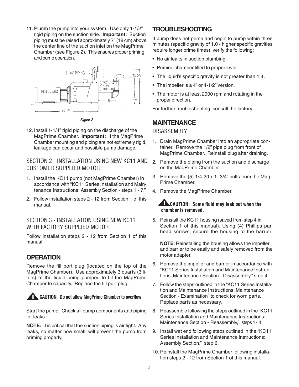 Operation, Troubleshooting, Maintenance | Finish Thompson KC11 Series - Self Priming Option User Manual | Page 3 / 4