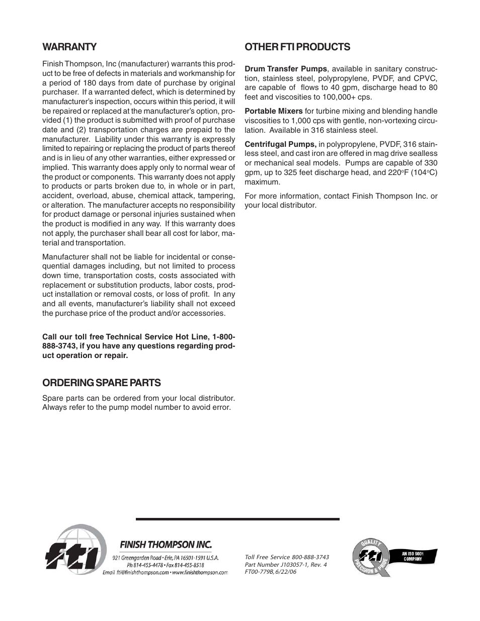 Warranty, Ordering spare parts, Other fti products | Finish Thompson KC11 Series - Self Priming Option User Manual | Page 4 / 4