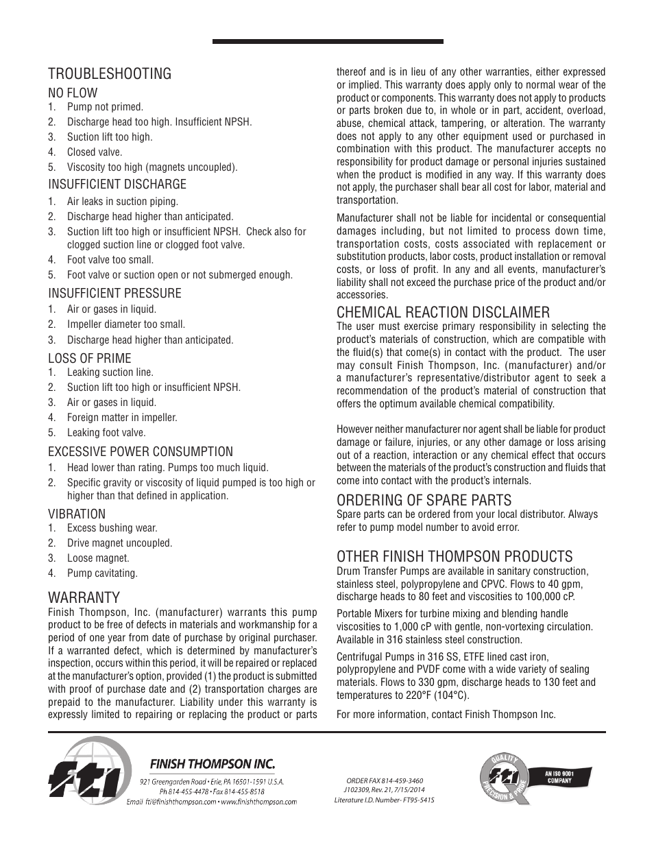 Chemical reaction disclaimer, Troubleshooting, Ordering of spare parts | Other finish thompson products, Warranty | Finish Thompson KC22/32 SERIES User Manual | Page 6 / 6