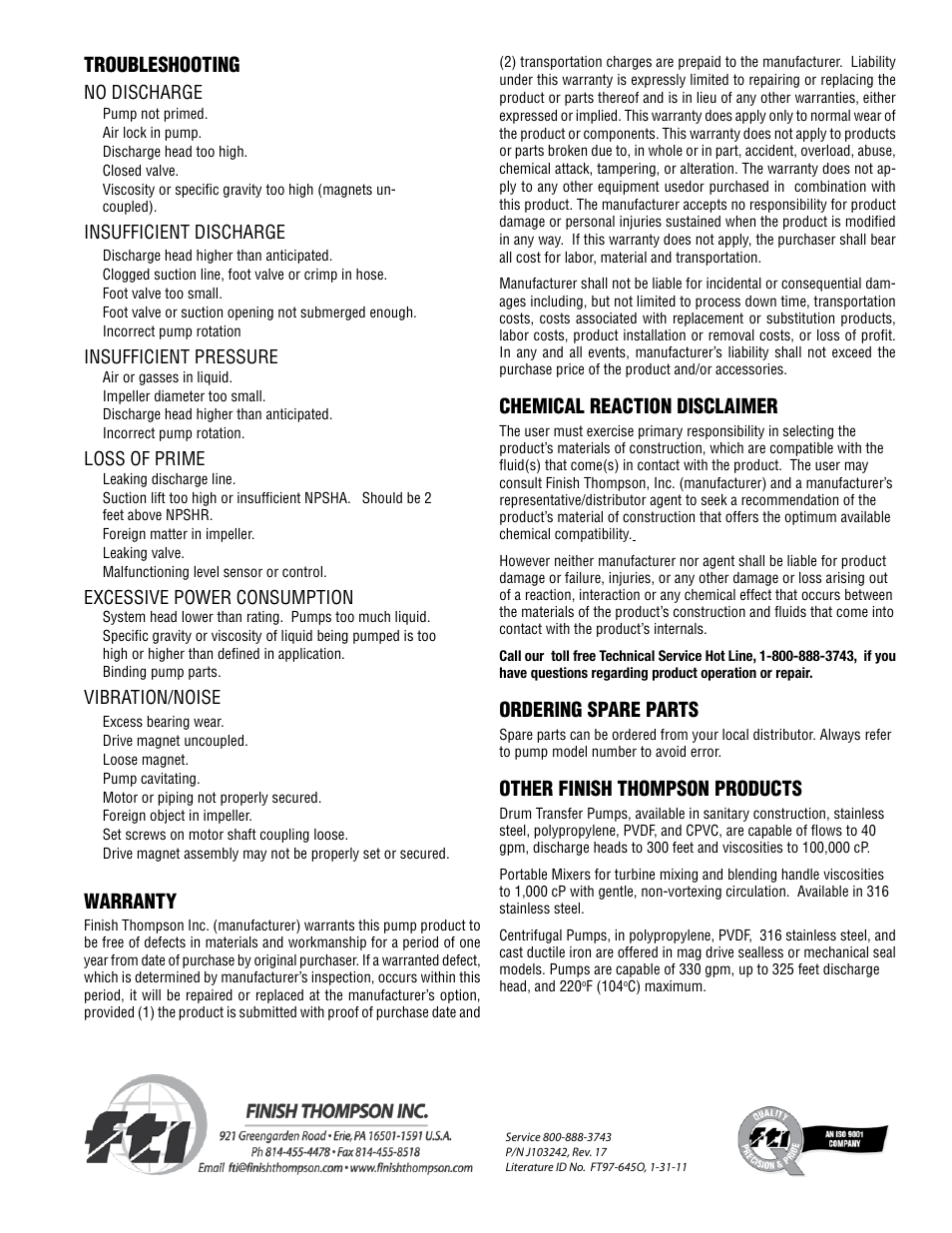 Troubleshooting, Warranty, Chemical reaction disclaimer | Ordering spare parts, Other finish thompson products, Insufficient discharge, Insufficient pressure, Loss of prime, Excessive power consumption, Vibration/noise | Finish Thompson VKC5.5,6,6H,7,8,10 SERIES User Manual | Page 12 / 12
