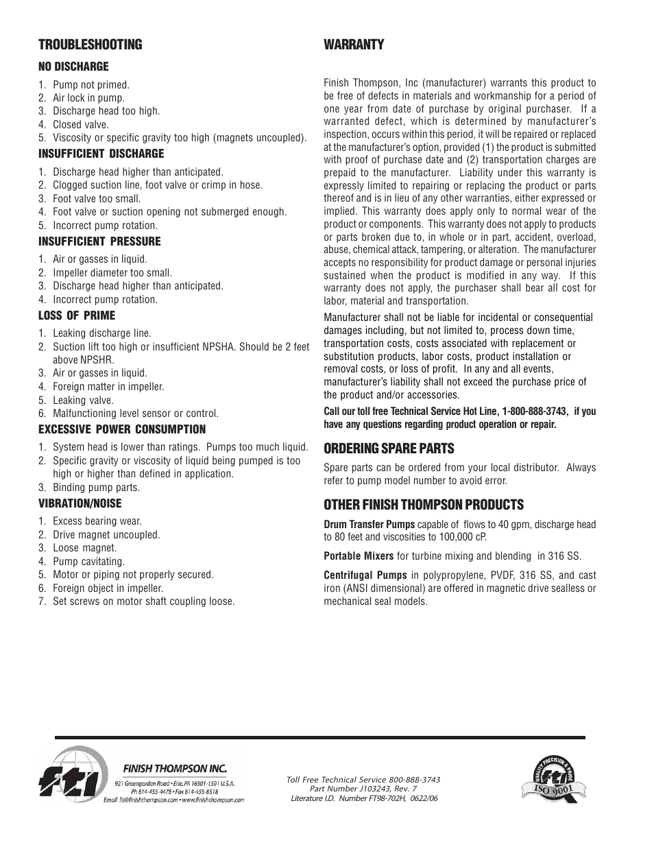 Ordering spare parts, Other finish thompson products, Warranty troubleshooting | Finish Thompson VKC 11 SERIES User Manual | Page 6 / 6