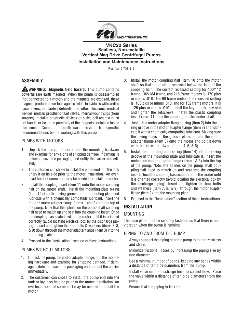 Finish Thompson VKC22 Series User Manual | 7 pages