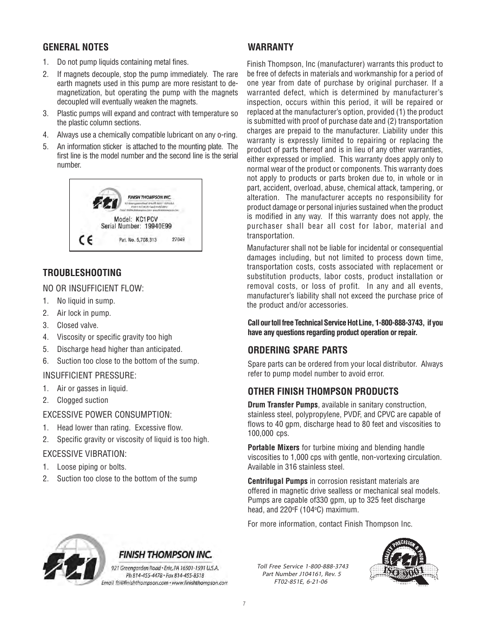 Finish Thompson VKC22 Series User Manual | Page 7 / 7