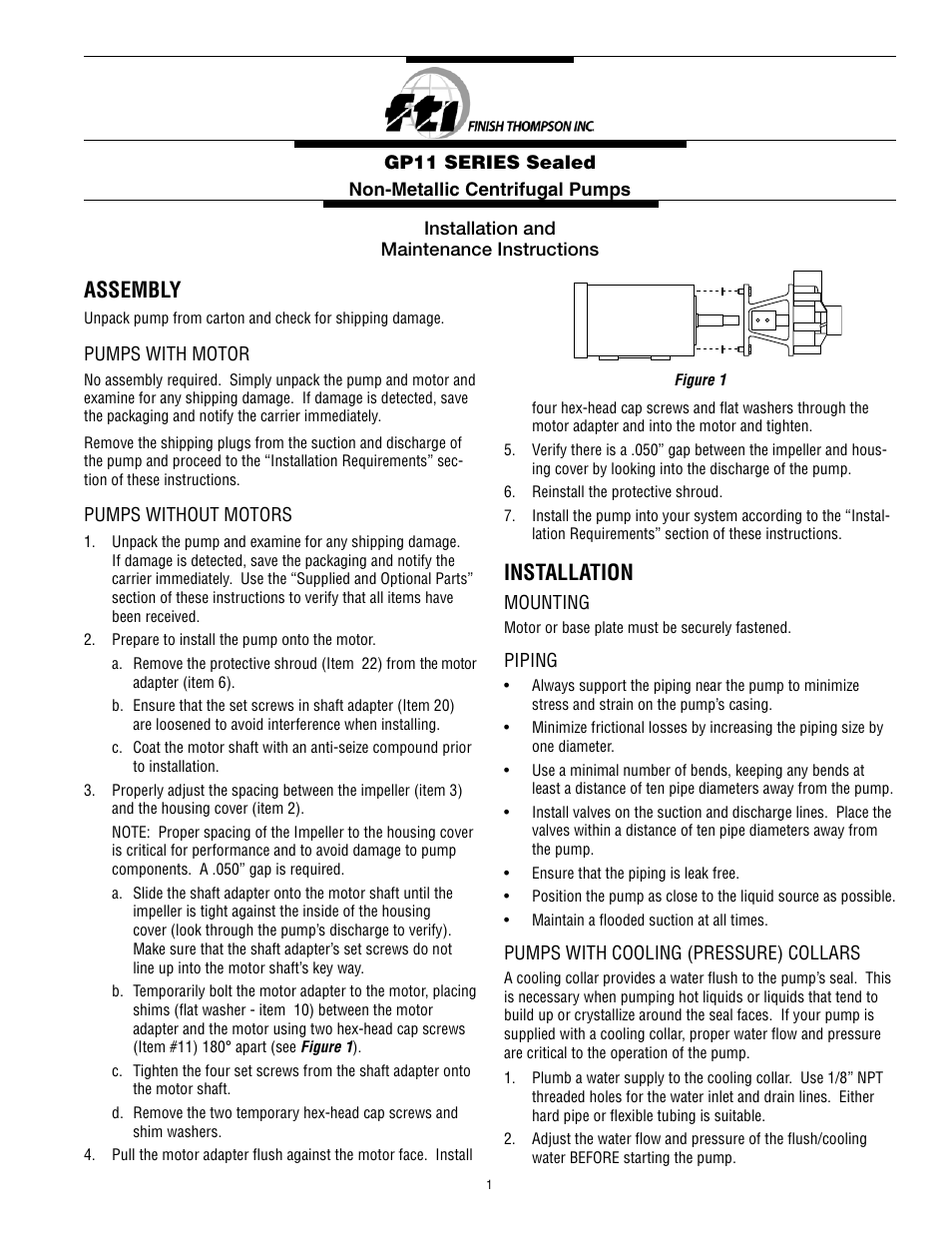 Finish Thompson GP11 SERIES User Manual | 6 pages