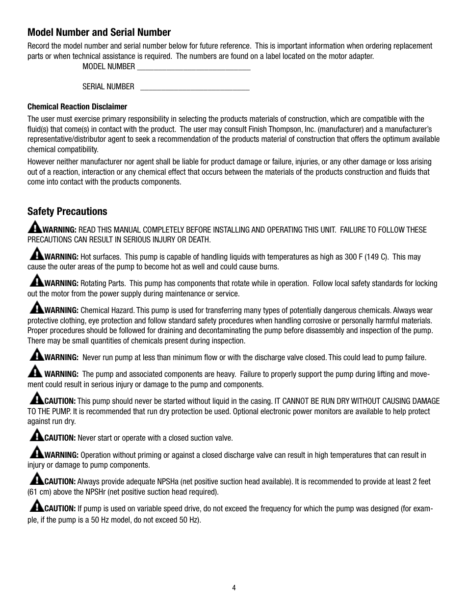 Model number and serial number, Safety precautions | Finish Thompson AC8/8H User Manual | Page 4 / 12