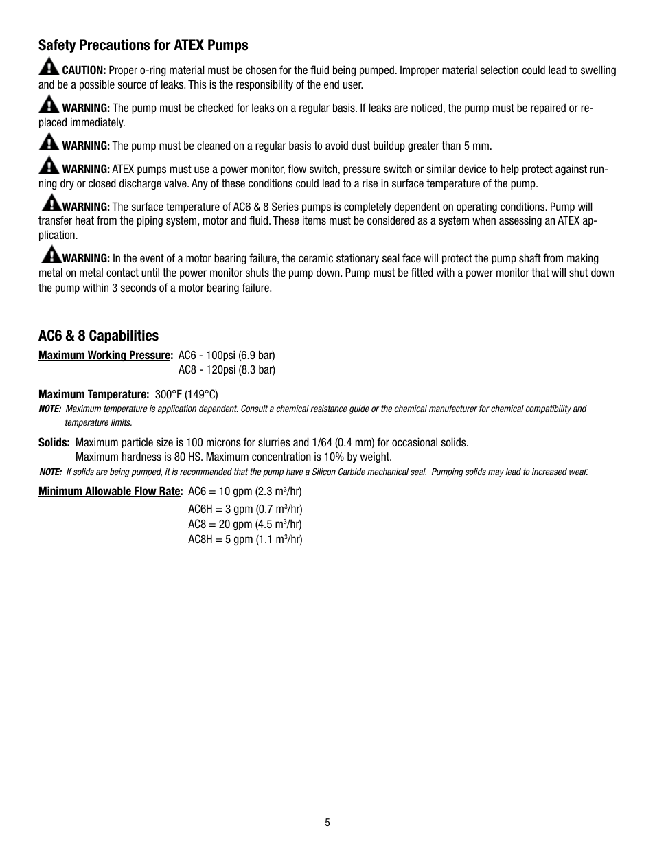 Safety precautions for atex pumps, Ac6 & 8 capabilities | Finish Thompson AC8/8H User Manual | Page 5 / 12