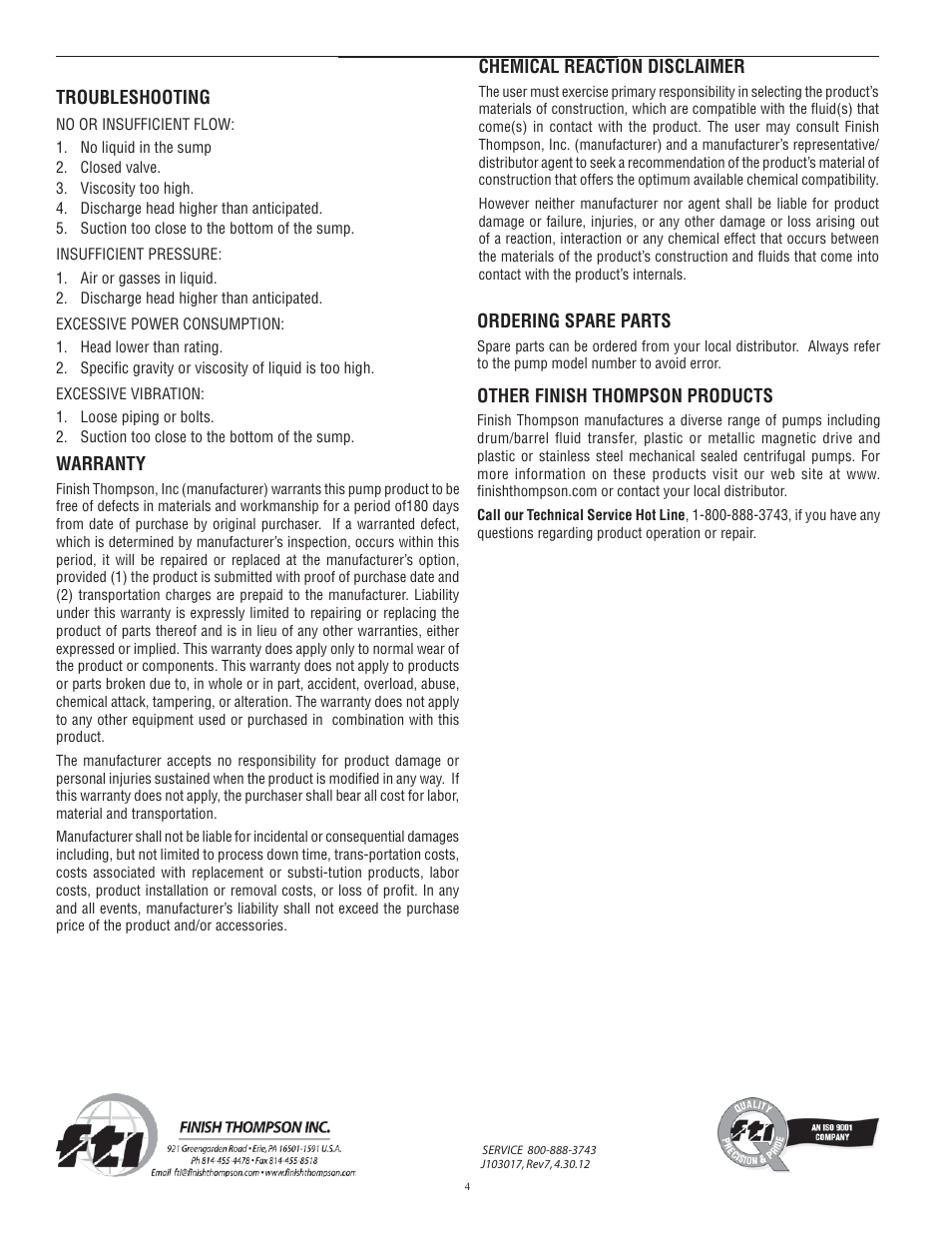 Troubleshooting, Warranty, Ordering spare parts | Other finish thompson products, Chemical reaction disclaimer | Finish Thompson AK / AV 4 & 5 SERIES User Manual | Page 4 / 4