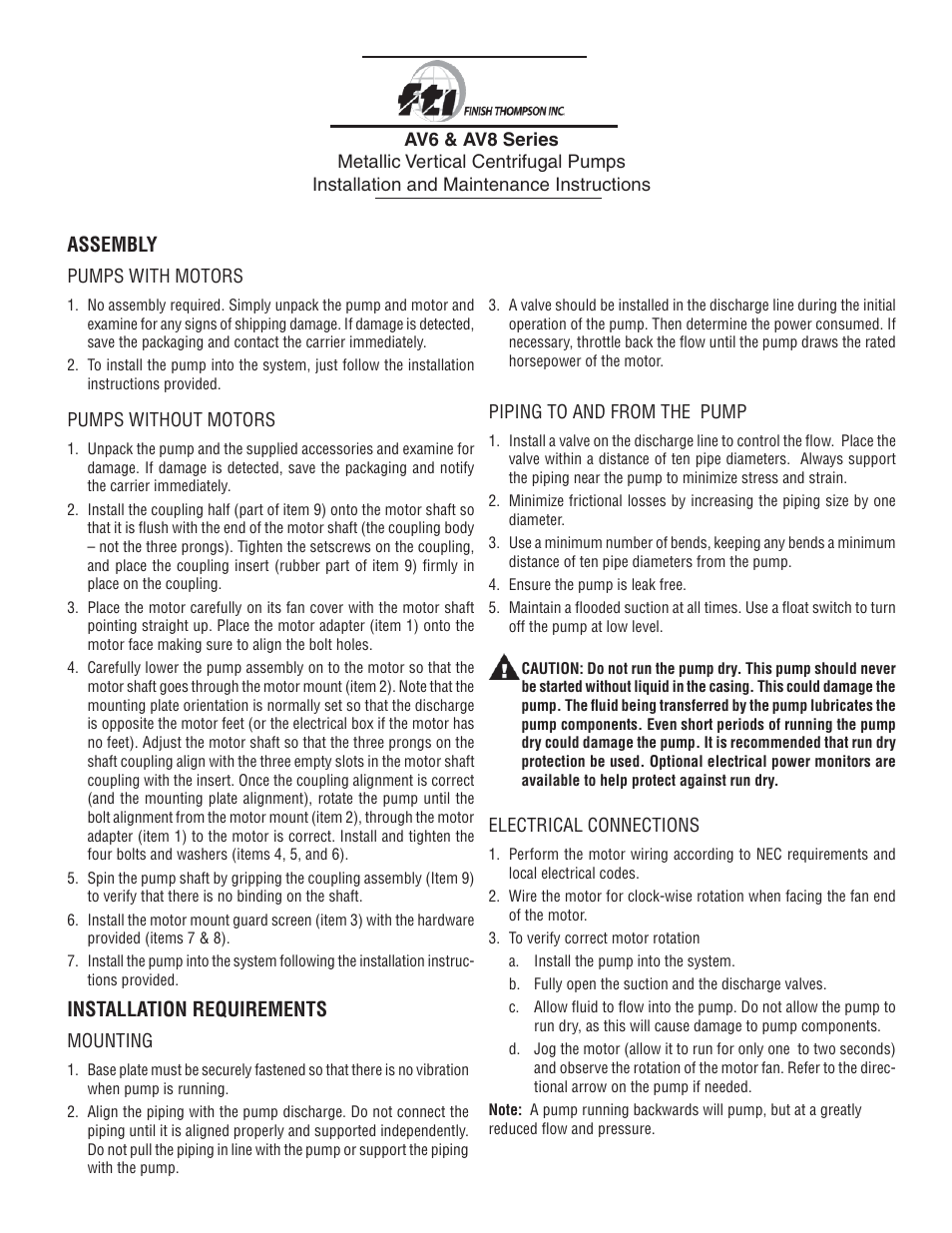 Finish Thompson AV 6 & 8 Series User Manual | 6 pages