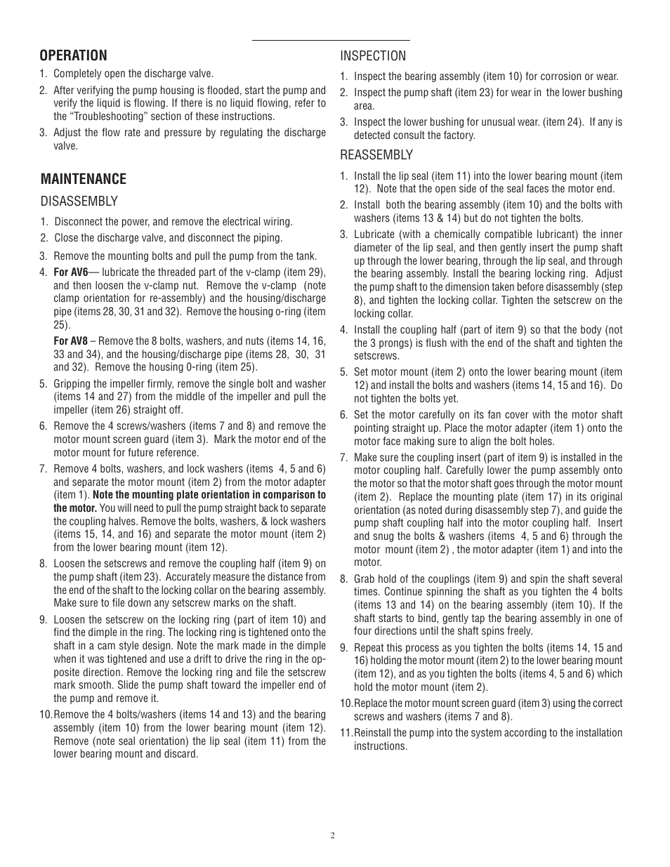 Maintenance, Operation | Finish Thompson AV 6 & 8 Series User Manual | Page 2 / 6
