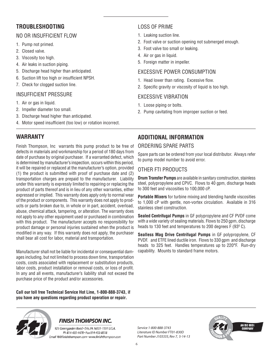 Warranty troubleshooting, Additional information | Finish Thompson AV 6 & 8 Series User Manual | Page 6 / 6