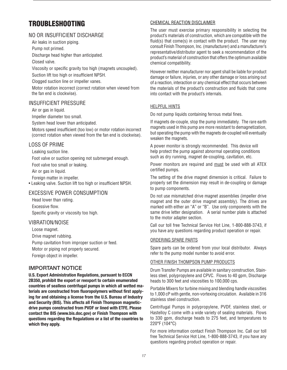 Troubleshooting | Finish Thompson UC User Manual | Page 17 / 23