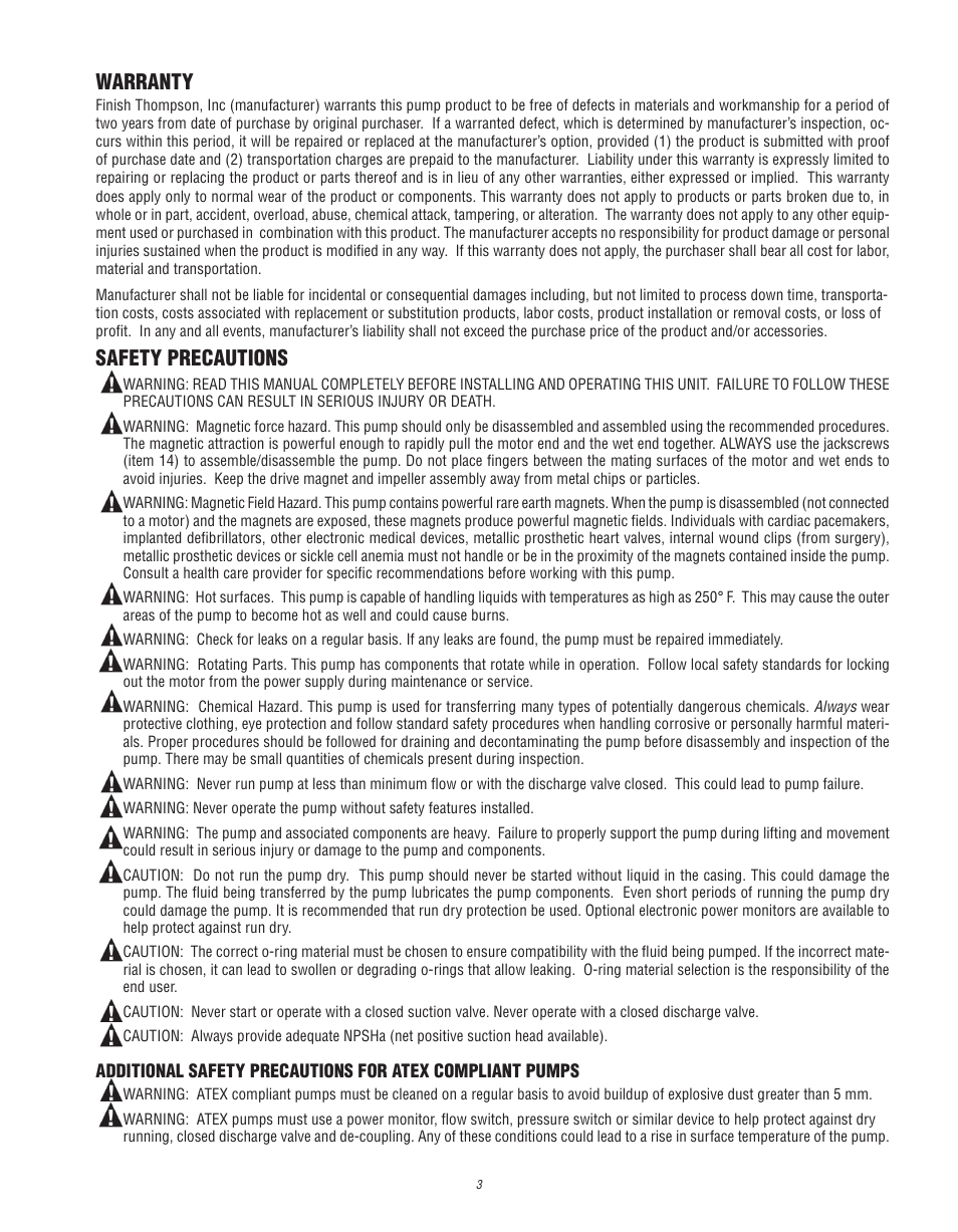 Warranty, Safety precautions | Finish Thompson UC User Manual | Page 3 / 23