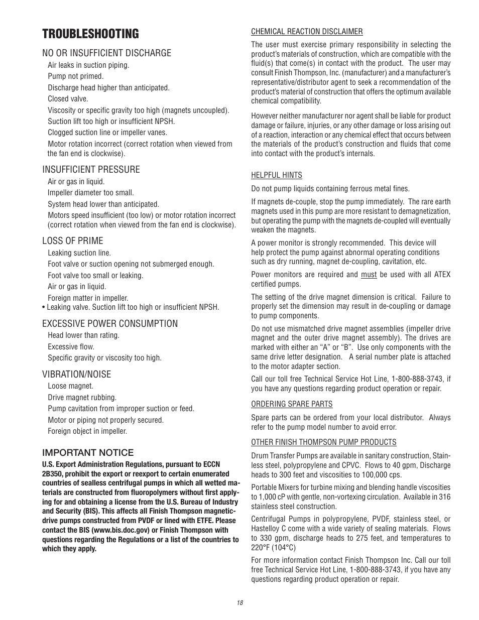 Troubleshooting | Finish Thompson UC (S/N 125040 and lower) User Manual | Page 18 / 23