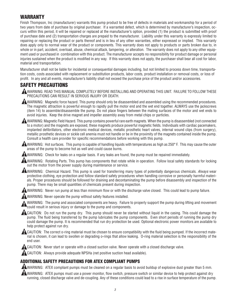 Warranty, Safety precautions | Finish Thompson UC (S/N 125040 and lower) User Manual | Page 3 / 23