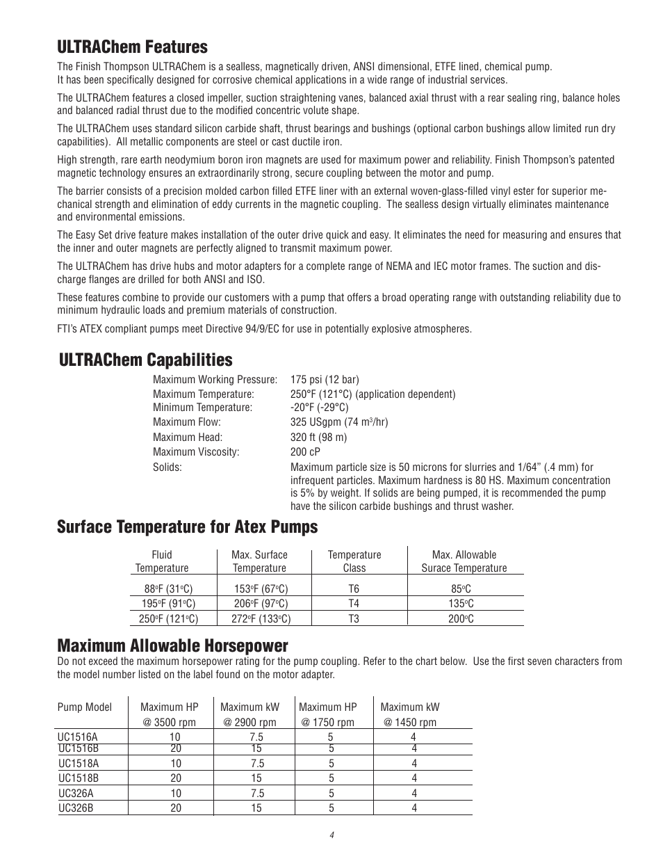 Surface temperature for atex pumps | Finish Thompson UC (S/N 125040 and lower) User Manual | Page 4 / 23
