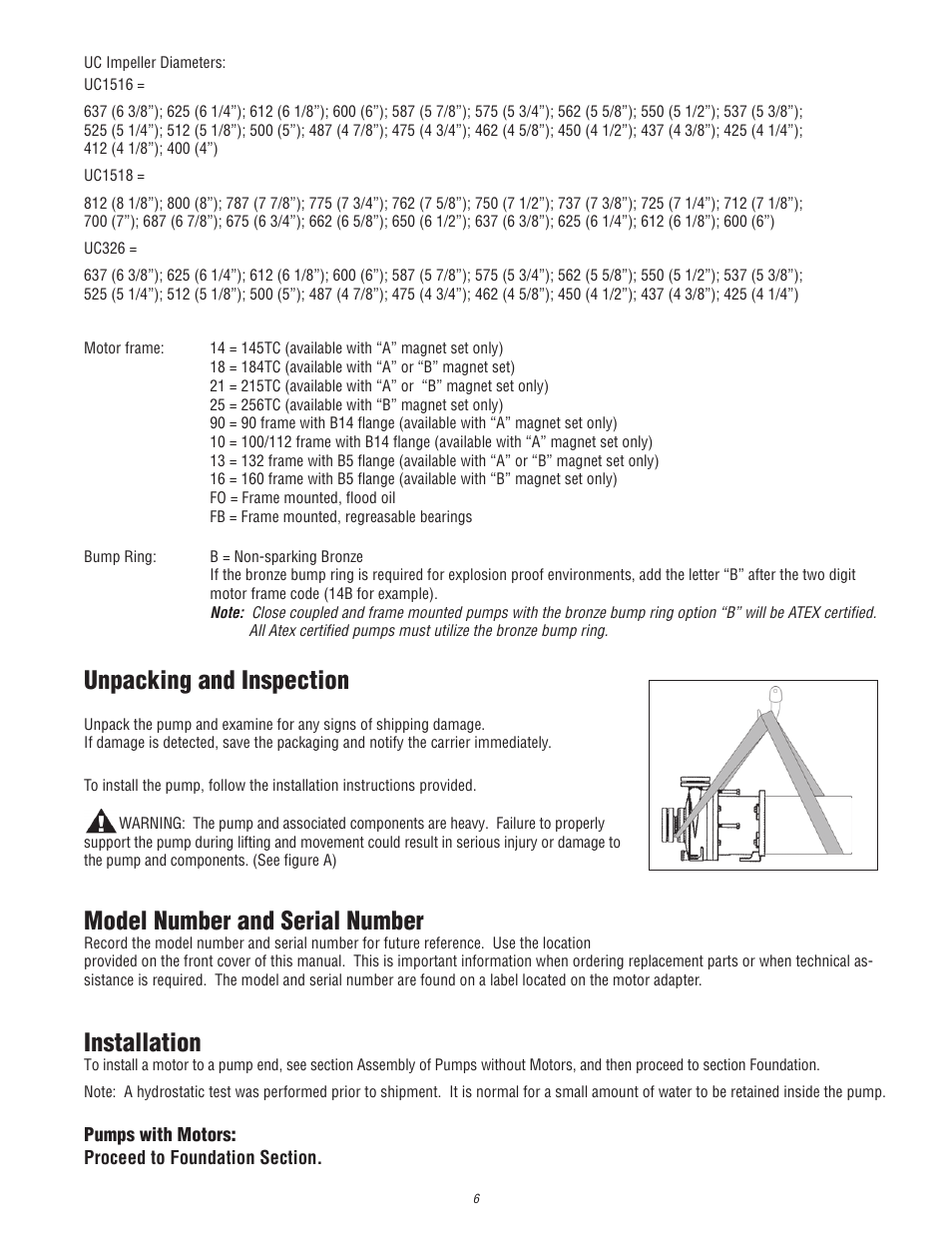 Unpacking and inspection, Model number and serial number, Installation | Finish Thompson UC (S/N 125040 and lower) User Manual | Page 6 / 23