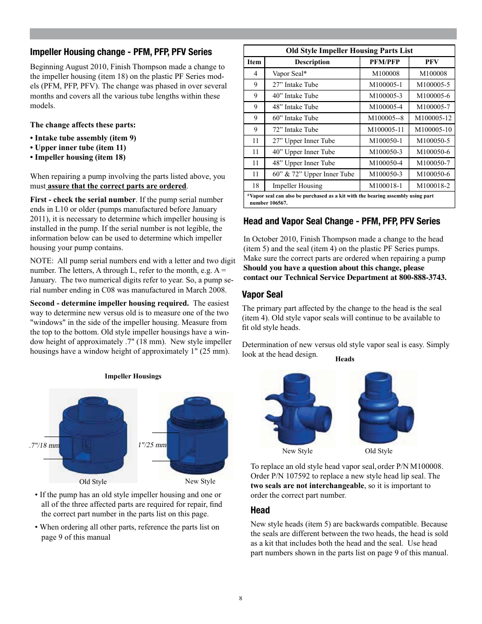 Head and vapor seal change - pfm, pfp, pfv series, Vapor seal, Impeller housing change - pfm, pfp, pfv series | Head | Finish Thompson PFV User Manual | Page 10 / 12