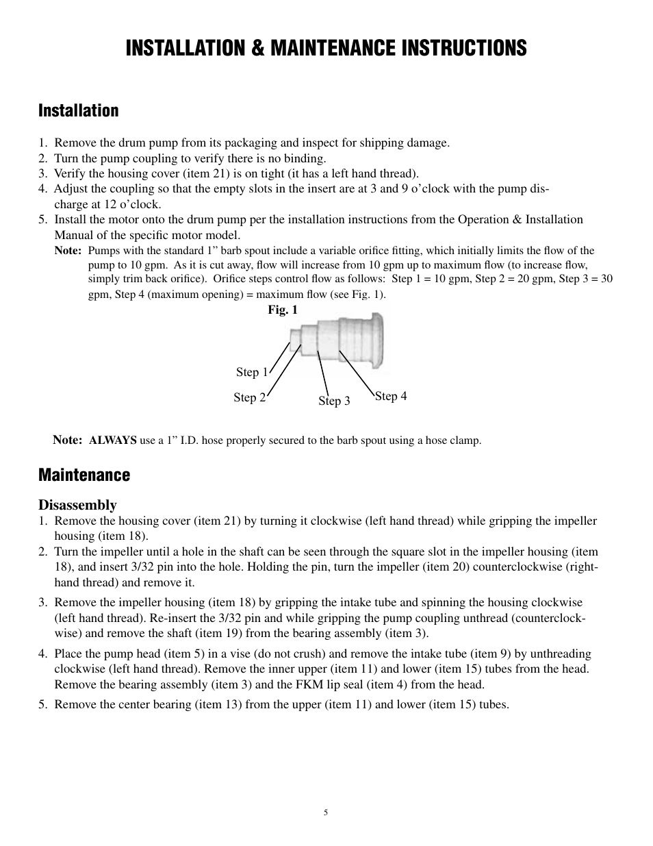 Installation & maintenance instructions, Installation, Maintenance | Finish Thompson PFV User Manual | Page 7 / 12