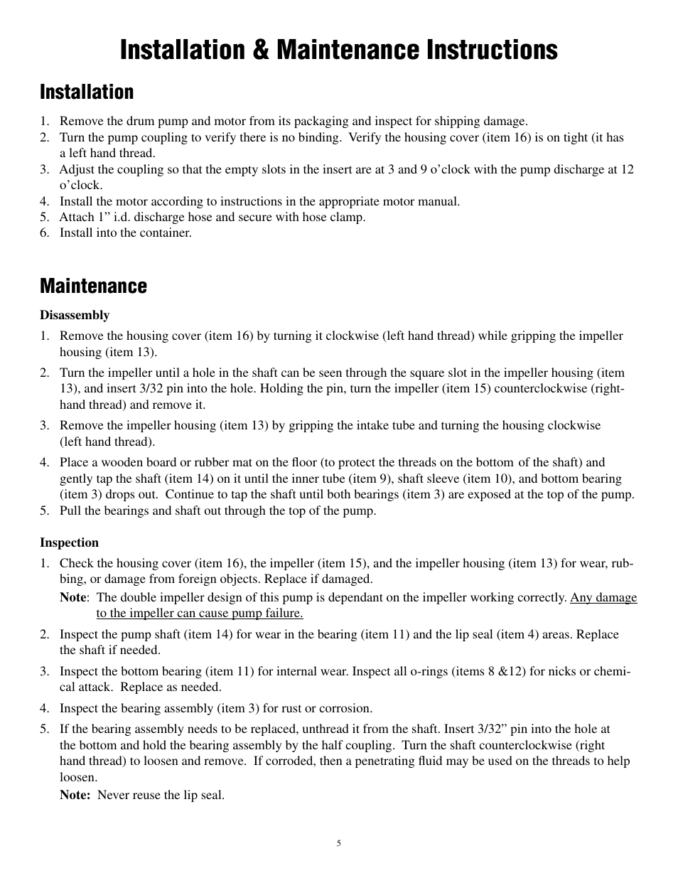 Installation & maintenance instructions, Installation, Maintenance | Finish Thompson PFS 162859 & above User Manual | Page 7 / 10