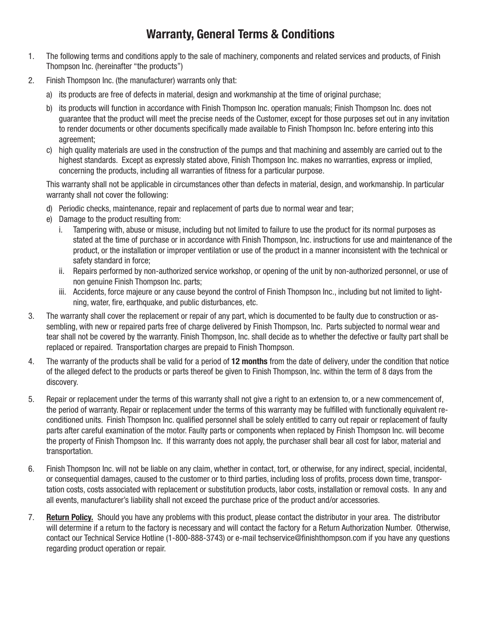 Warranty, general terms & conditions | Finish Thompson STTS User Manual | Page 4 / 12