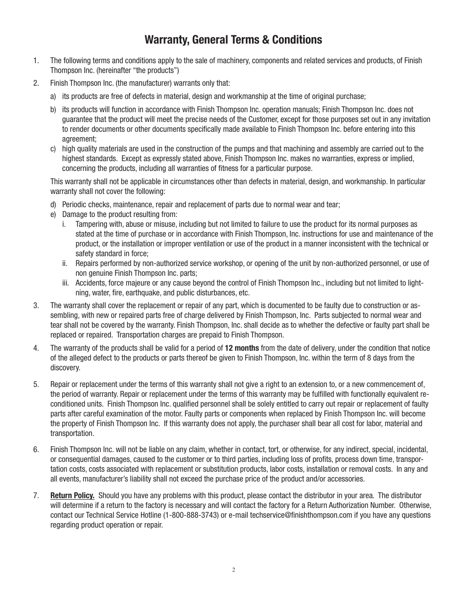 Warranty, general terms & conditions | Finish Thompson TBP SERIES User Manual | Page 4 / 10