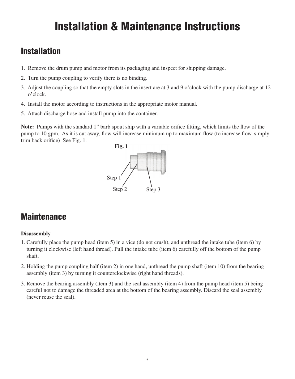 Installation & maintenance instructions, Installation, Maintenance | Finish Thompson TBP SERIES User Manual | Page 7 / 10