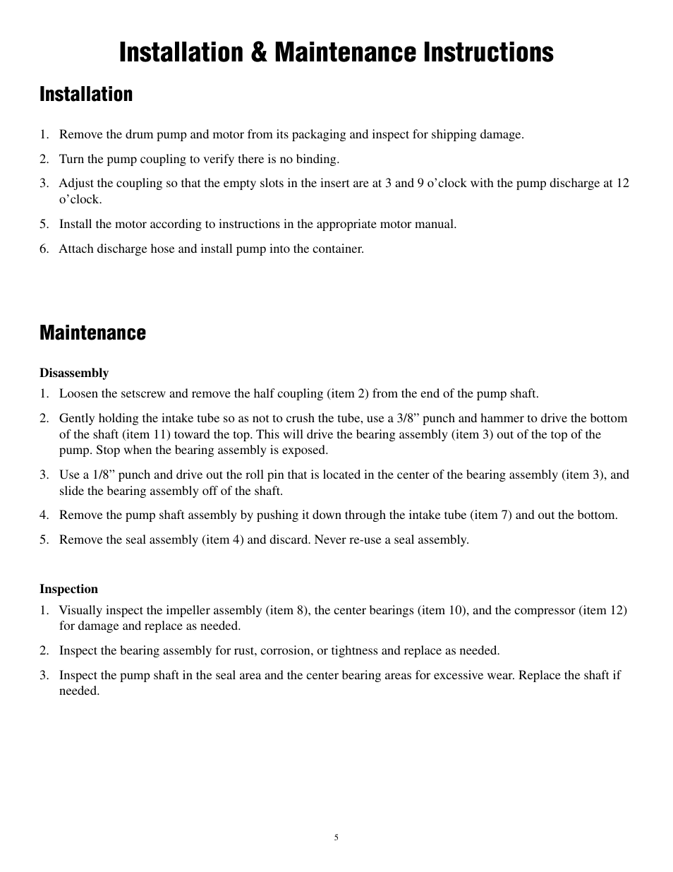 Installation & maintenance instructions, Installation, Maintenance | Finish Thompson TBS User Manual | Page 7 / 10