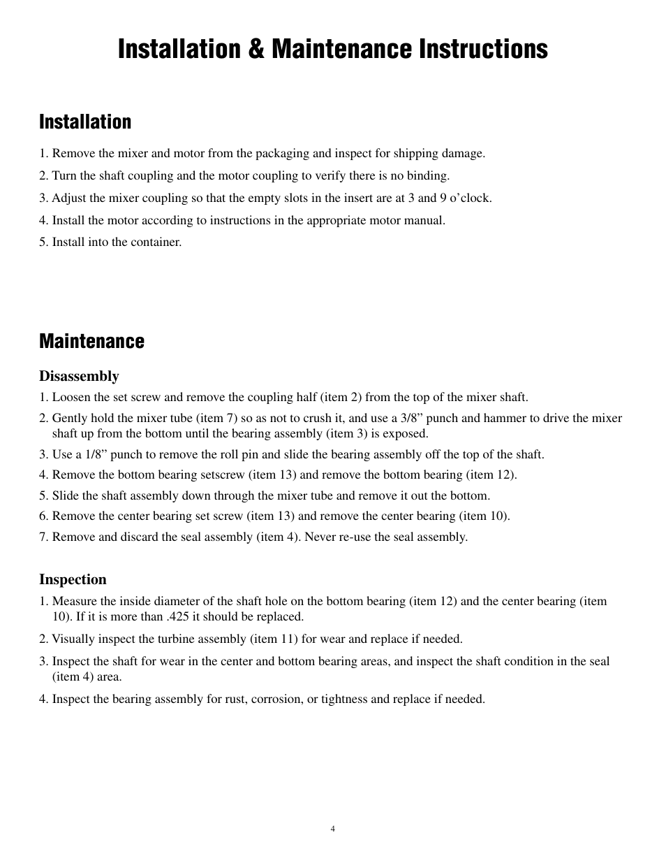 Installation & maintenance instructions, Installation, Maintenance | Finish Thompson TMS User Manual | Page 7 / 10