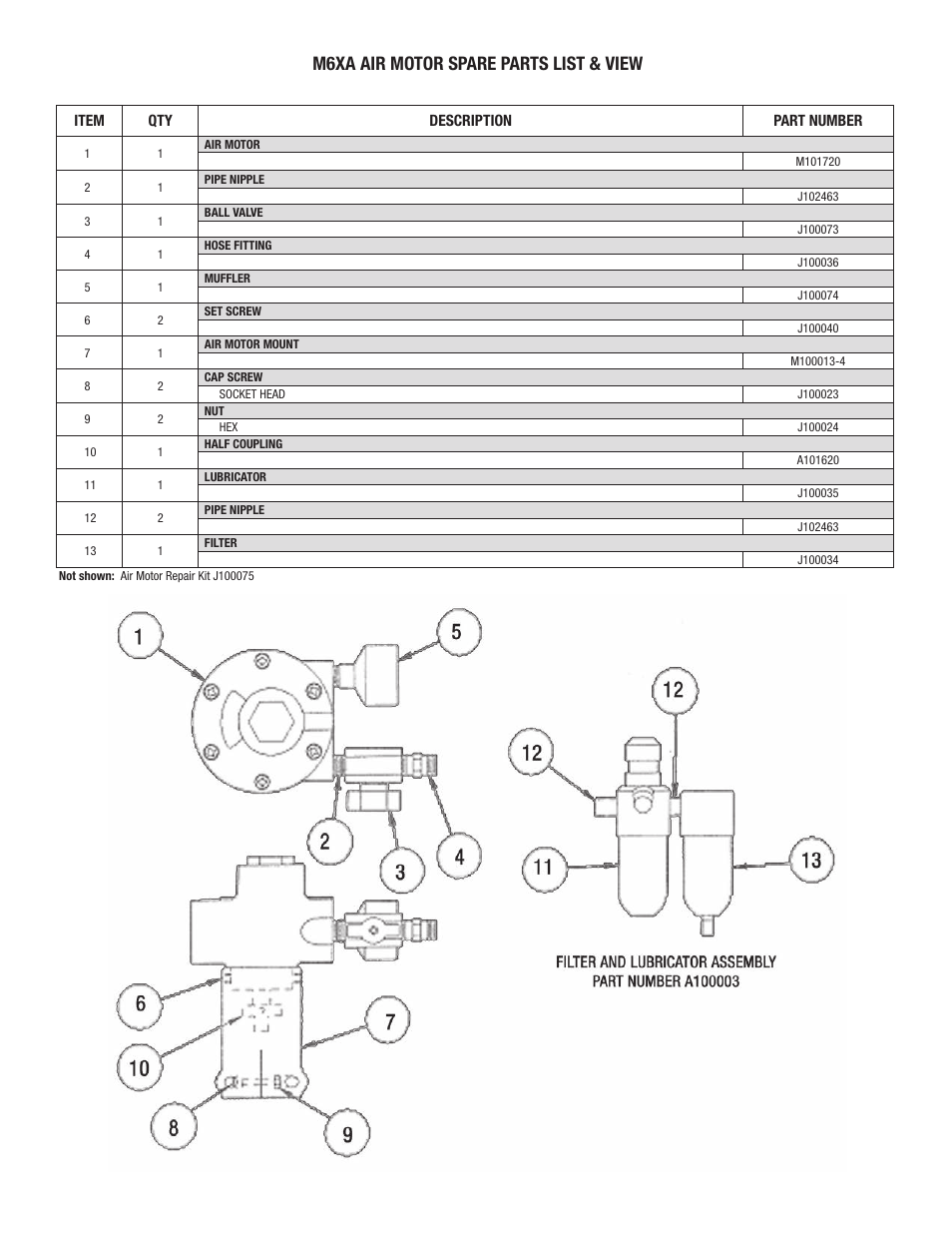 M6xa air motor spare parts list & view | Finish Thompson PFS ATEX VERSION (INCLUDES M6A, M6XA, M10X MOTORS & SPK) User Manual | Page 13 / 19