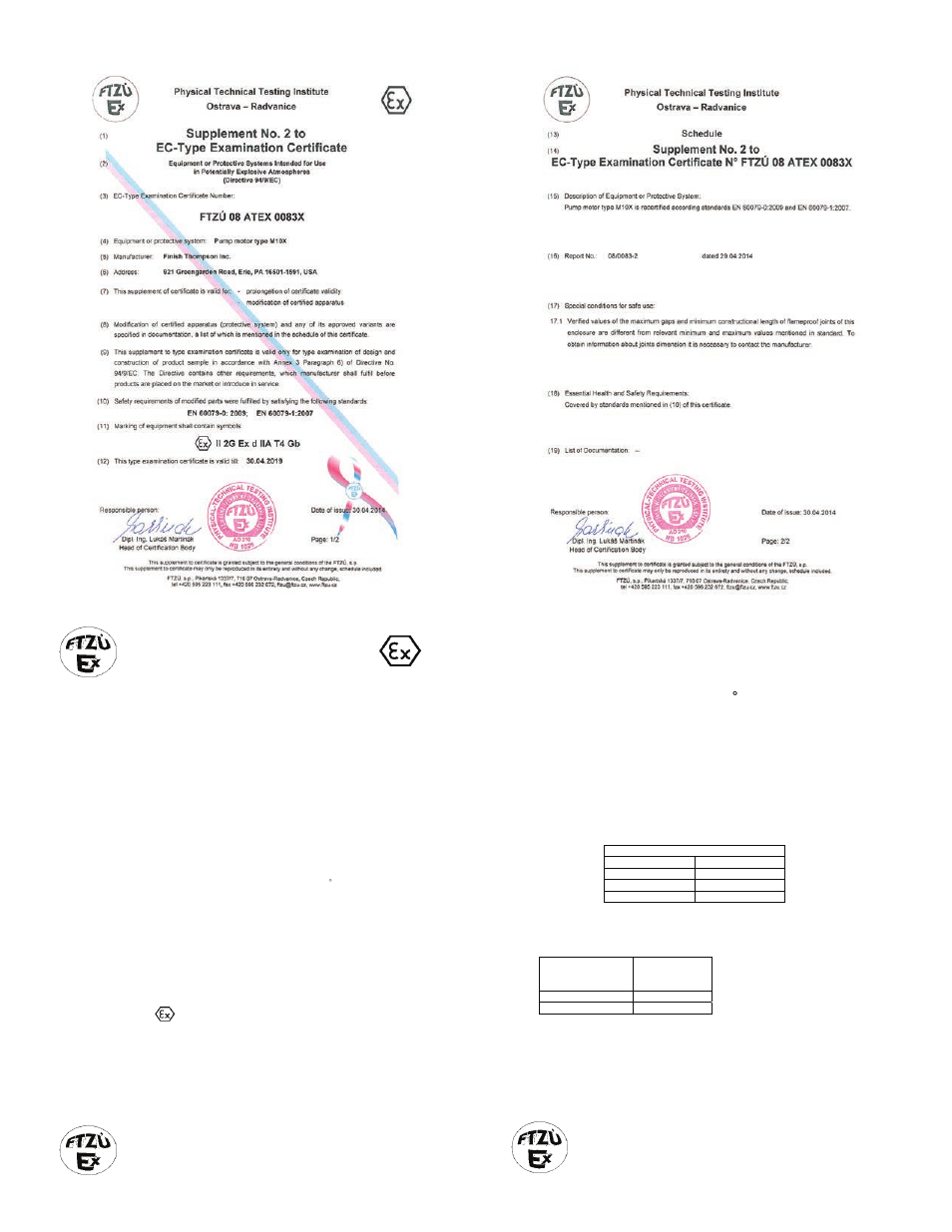 Ec-type examination certificate | Finish Thompson PFS ATEX VERSION (INCLUDES M6A, M6XA, M10X MOTORS & SPK) User Manual | Page 16 / 19