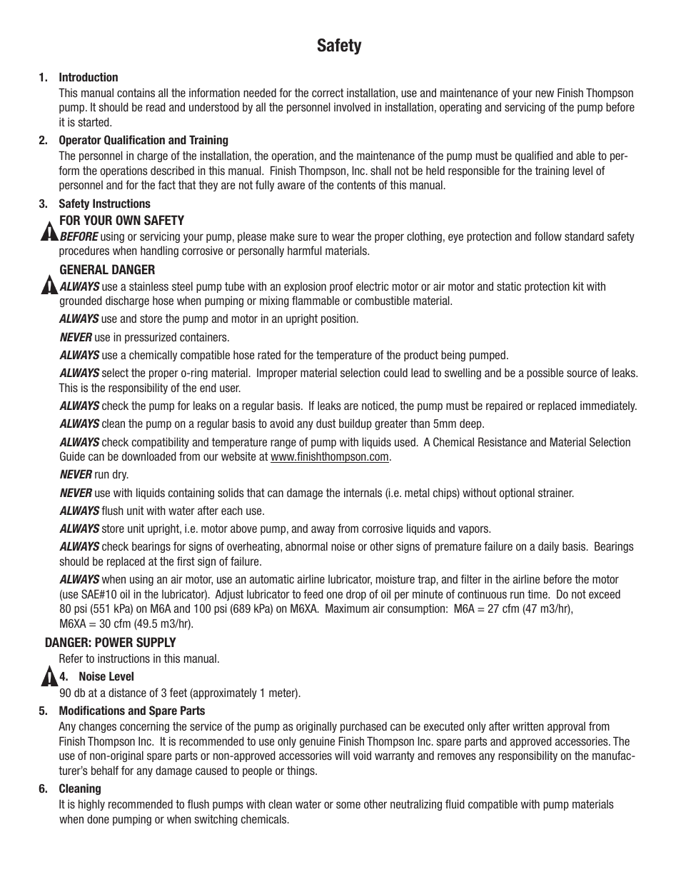 Safety | Finish Thompson PFS ATEX VERSION (INCLUDES M6A, M6XA, M10X MOTORS & SPK) User Manual | Page 4 / 19