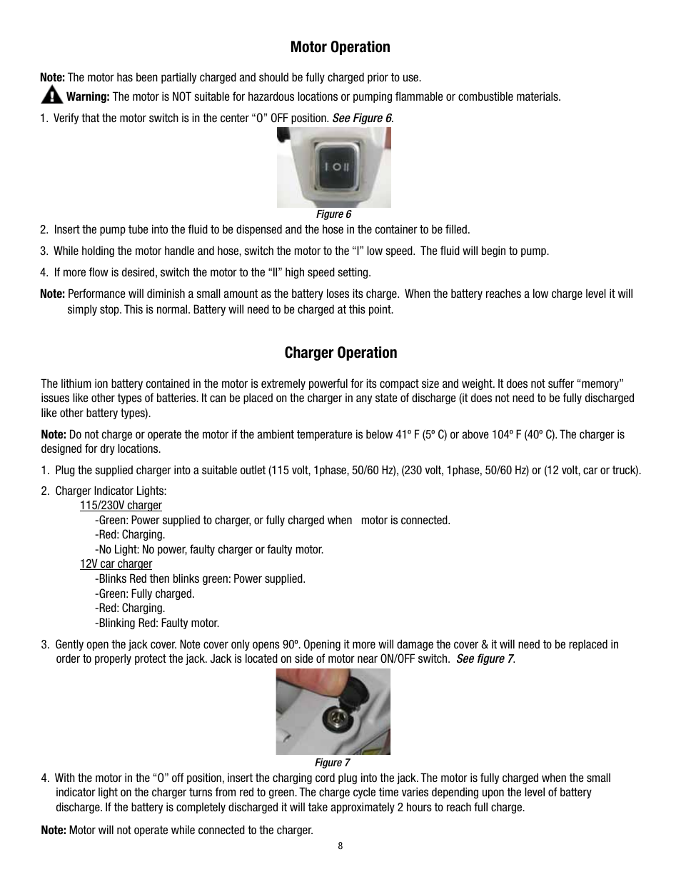 Motor operation, Charger operation | Finish Thompson S6 User Manual | Page 8 / 12