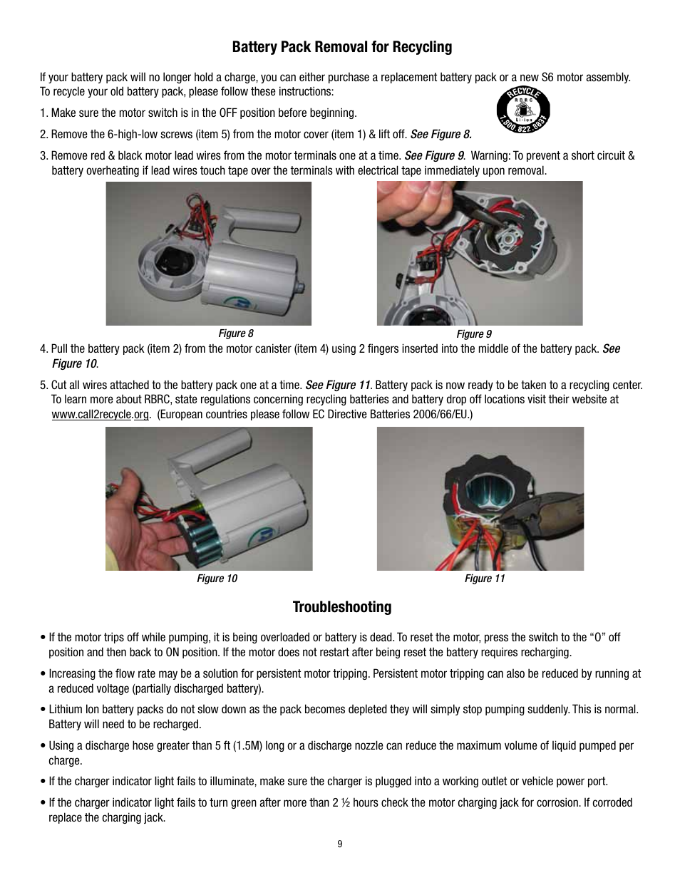 Battery pack removal for recycling, Troubleshooting | Finish Thompson S6 User Manual | Page 9 / 12