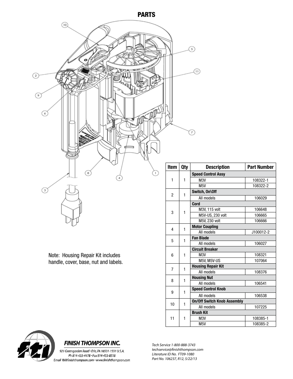 Parts | Finish Thompson M3V-UK 103013 & up User Manual | Page 8 / 8