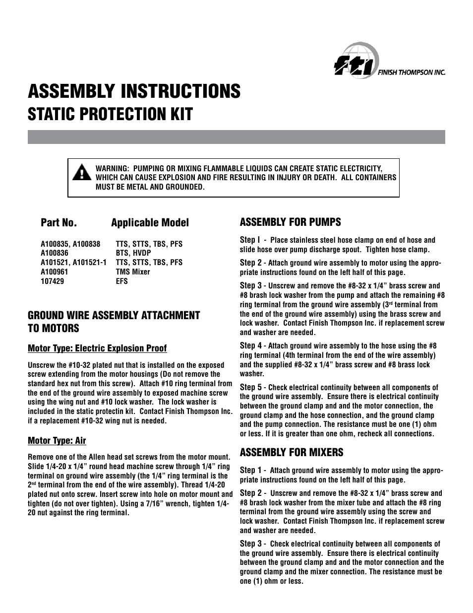 Finish Thompson STATIC PROTECTION KIT User Manual | 2 pages