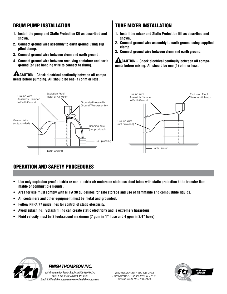 Drum pump installation, Tube mixer installation, Operation and safety procedures | Finish Thompson STATIC PROTECTION KIT User Manual | Page 2 / 2