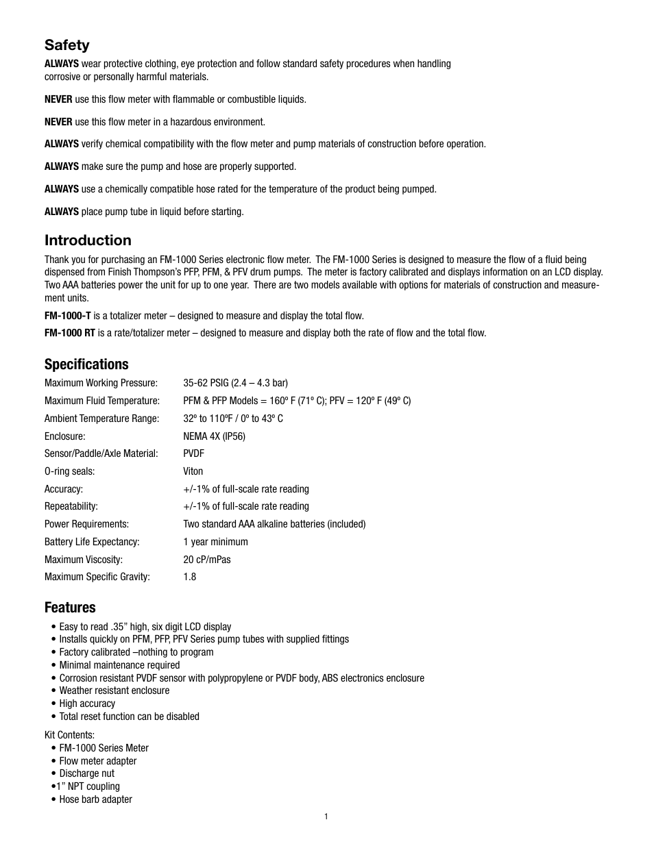 Safety, Introduction, Specifications | Features | Finish Thompson FM1000 Series User Manual | Page 3 / 6