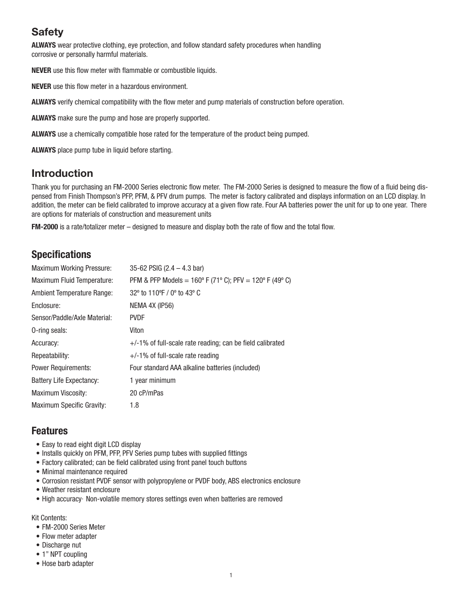 Safety, Introduction, Specifications | Features | Finish Thompson FM2000 Series User Manual | Page 3 / 9