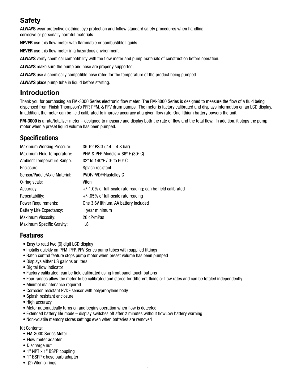 Safety, Introduction, Specifications | Features | Finish Thompson FM3000 Series User Manual | Page 3 / 7